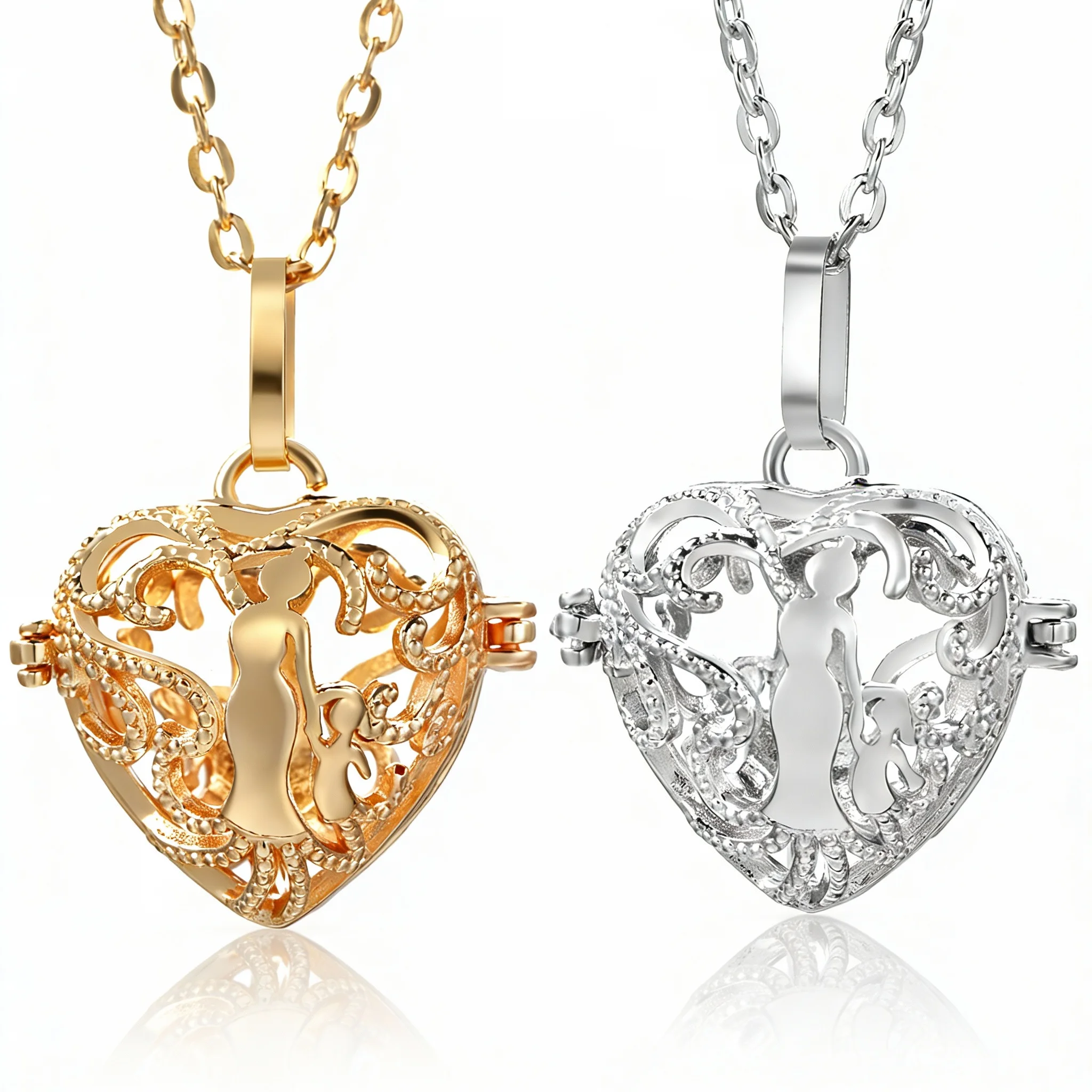 Mexican Bola Harmony Ball Heart-Shaped Necklace MOM Child Aromatherapy Diffuser Pregnancy Pendant Essential Oil Lockets Jewelry