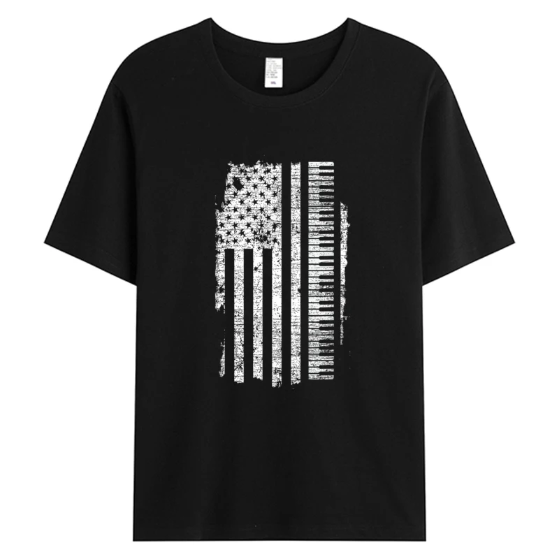 

Piano Men's Cotton Fabric Casual Holiday O-neck T-shirts Black Keyboard Usa Flag Pianist Gifts Music 2025 Hot Designer Tees