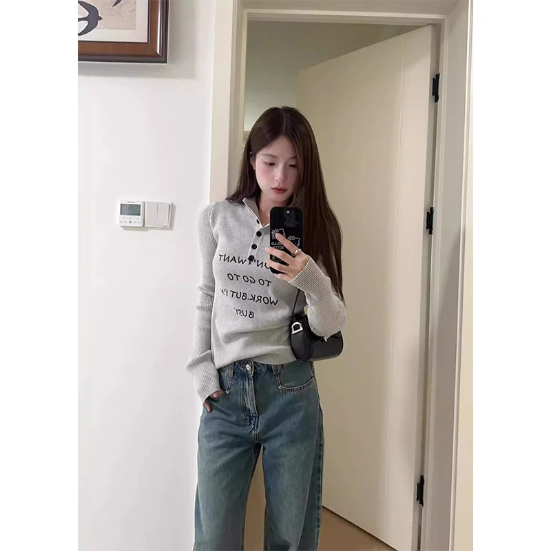 سترة MEXZT Y2K للسيدات بلوفرات محبوكة مطبوعة بأحرف الشارع الشهير موضة كورية بأكمام طويلة تريكو شتوي نحيف جديد