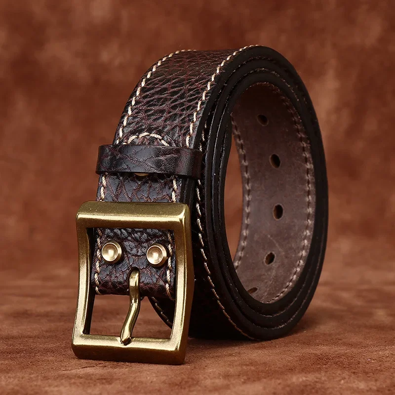 3.8CM thick cowhide embossed brass buckle genuine leather casual jeans belt men's high quality belt