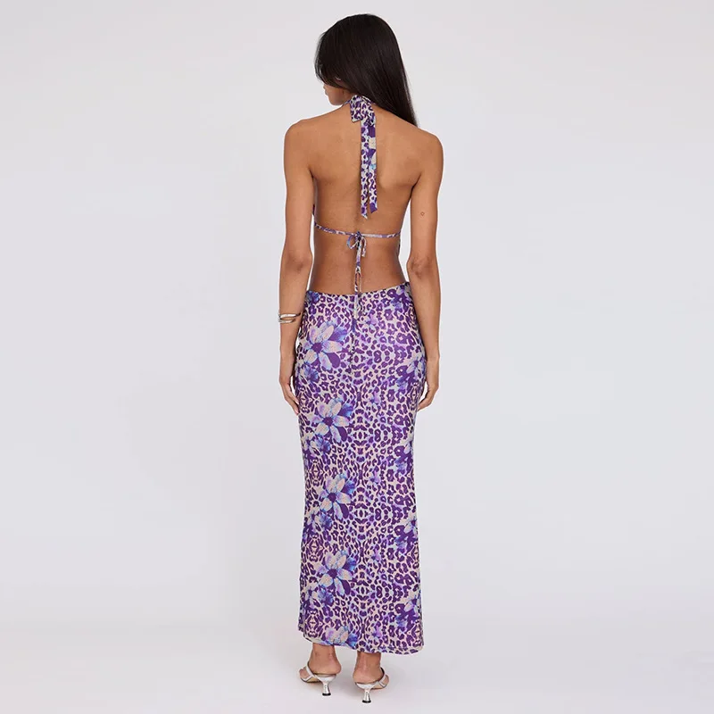 Halter Printing Women's Homecoming Dress Hollow Backless New Autumn Skirt Purple Sleeveless Low Waist Long Party Gown New Design