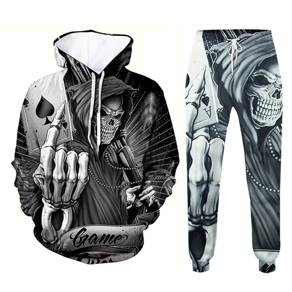 3D Printed Skull Spades A Two-Piece Pullover Sweatpants for Men Fall_winter Casual Street Retro Men's Fashion Sweatshirt