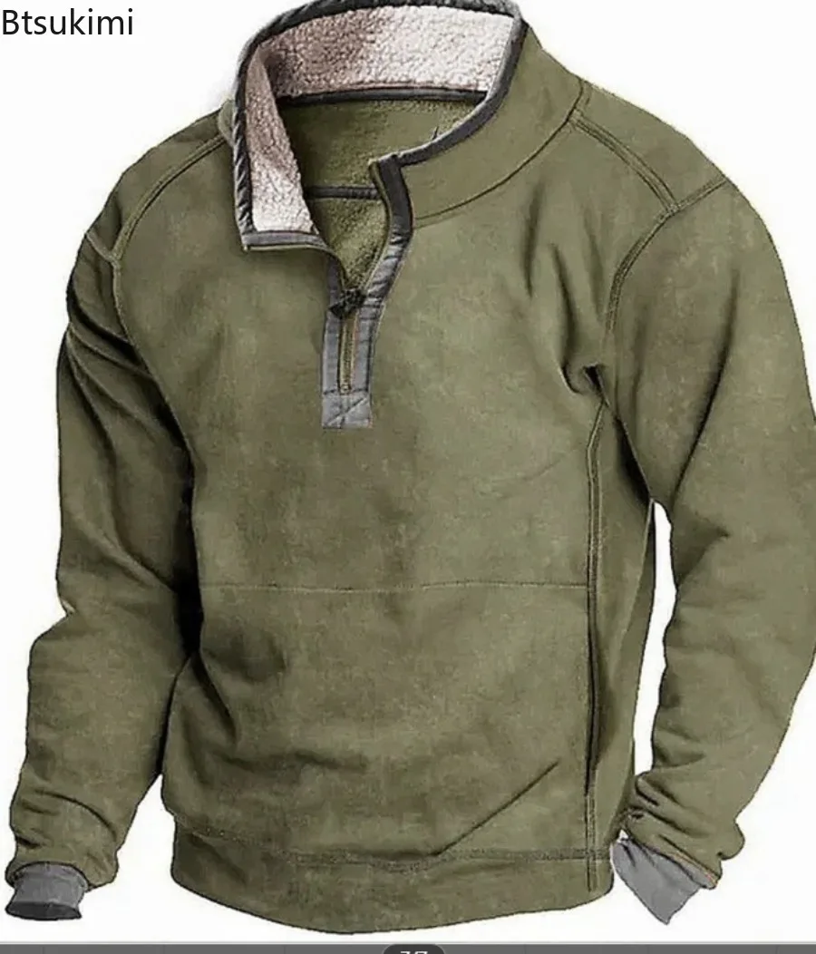 2025 Autumn Winter Men's Fashion Splice Suede Hoodies Stand Collar Windproof Warm Pullover Tops Male Vintage Casual Sweatshirts