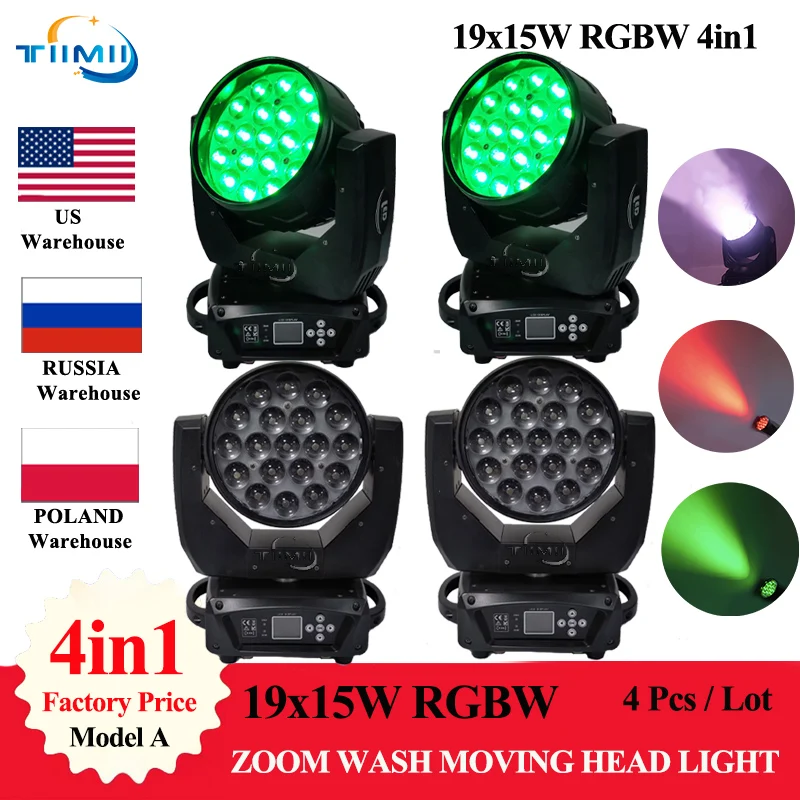 0 taxe de 4Pcs Led 19 × 15W Lavage Lumière Principale mobile de Zoom avec Flycase Lyre Lavage 19x15w Zoom Lavage Mobile D'aura Par A MENÉ La Lumière D'effet D'étape