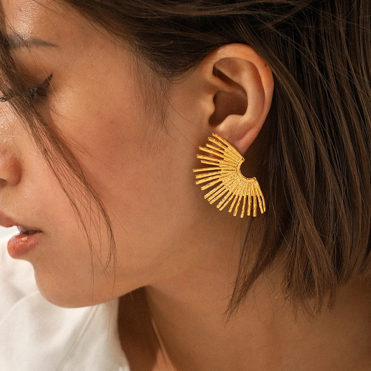 

Huangchao Luxury18k Gold Plated Stainless Steel Hollow Wing Fan Shaped Earrings Suitable For Women's Ears Jewelry Birthday Gifts