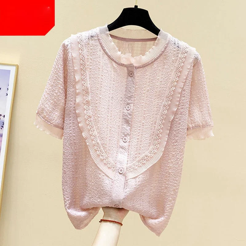 

Chiffon Patchwork Lace Pink Women Shirts Summer New 2024 Sweet Style Solid Elegant Office Lady Outwear Tops