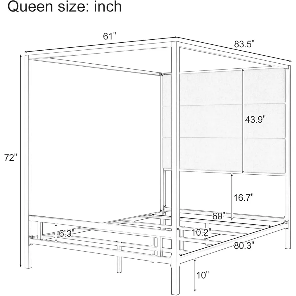 سرير بمظلة بحجم مع لوح رأسي منجد من القماش المخملي الطويل، إطار سرير بمظلة معدني بأربعة ملصقات، منصة مظلة كوين #2