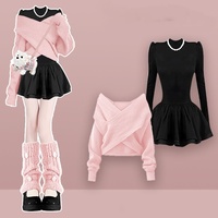 Women Graceful Pink Short Sweater Mini Black Ball Gown Two Piece Set Spring Autumn Women New Knit Pullover Tops Dress Outfits