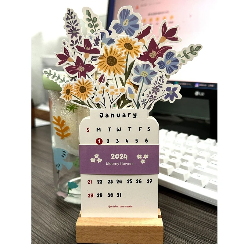 2024 Desk Calendar With Base Flower Small Desk Calendar MDF 2024 Desk Calendar Planner, Desk Planner
