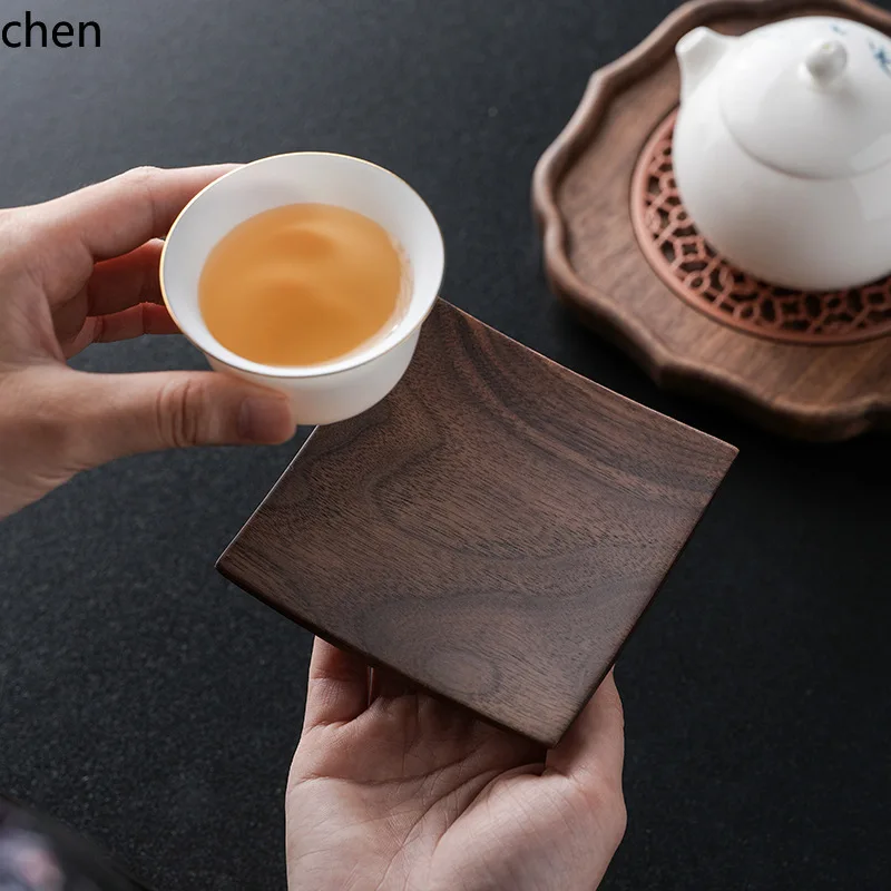 CZ Black Walnut Square Coaster with Storage Box, Solid Wood Heat-Insulating Mat, Tea Cup Holder, Tea Saucer, Tea Ceremony Tray