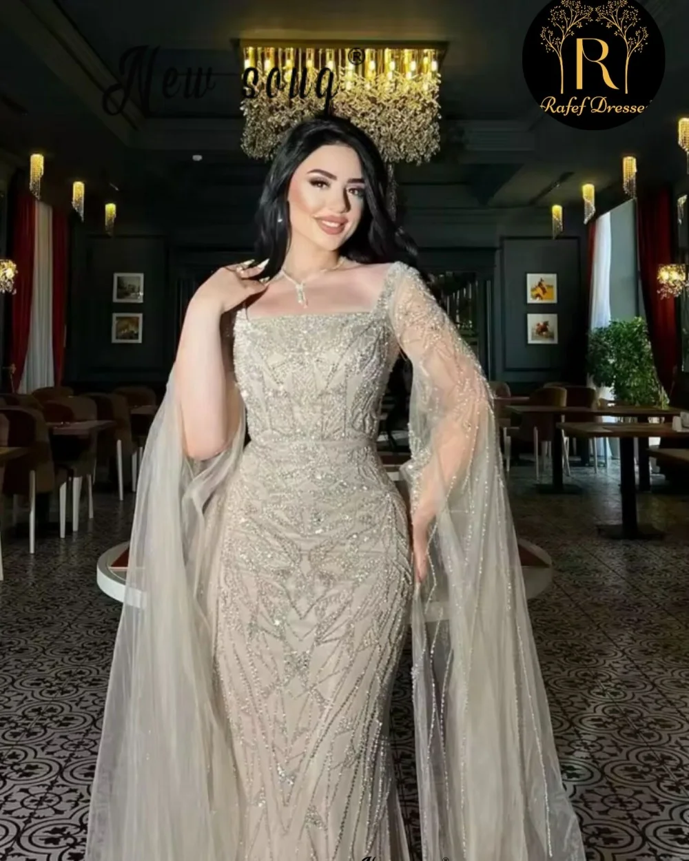 2026 Champagne Mermaid Prom Dresses With Cape Sleeves for Women 2026 Elegant Beaded Formal Prom Wedding Guest Gowns Customized