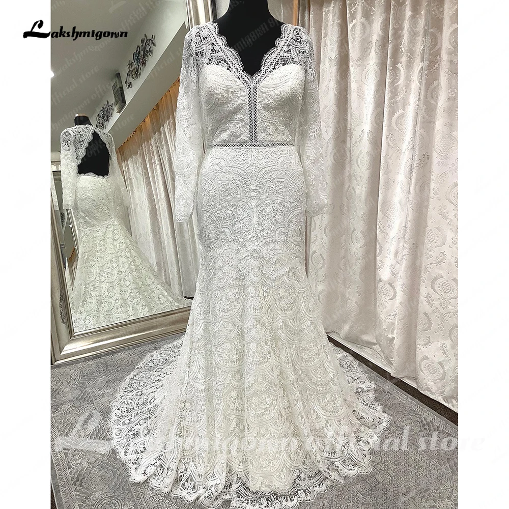 Lakshmigown طويلة الأكمام الدانتيل بوهو فستان الزفاف 2023 رداء فام فساتين الزفاف vestido de novia para boda المدنية