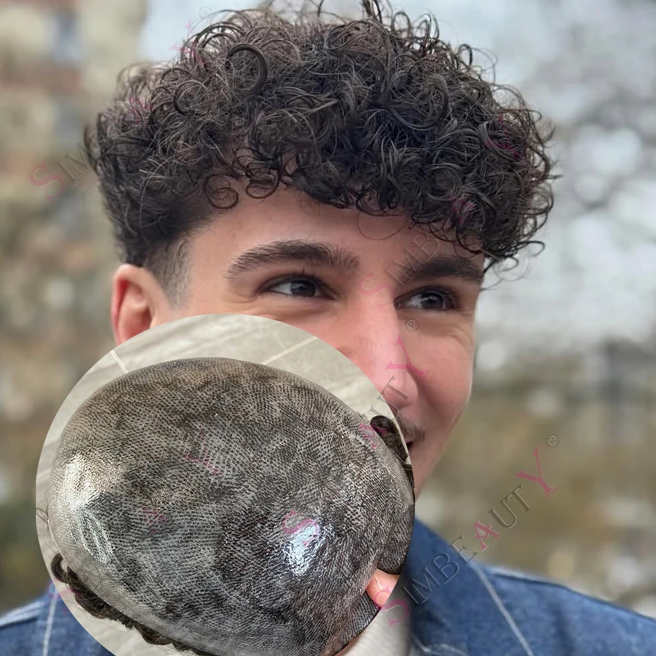 

Мужской парик-накладка 18 мм, кудрявый, светло-русый, с черной основой из тонкой полиуретановой кожи, 100% натуральные человеческие волосы, прочный, серый 1b40, система Natural Frontline