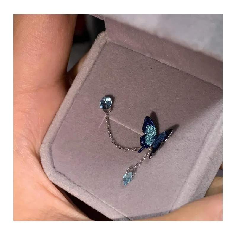 

Blue Butterfly Diamond-encrusted Colored Treasure Stud Earrings Exquisite and Small Double Earrings Accessories Star Zircon Frin