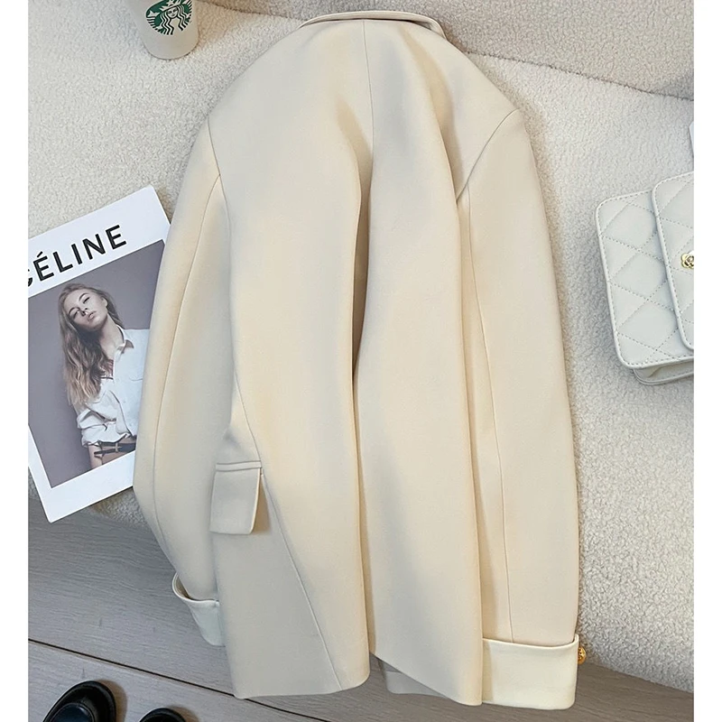 Cream Elegant Suit Jacket Women Fashion Straight Career Single Breasted Blazer Outwear Black Basic Office Lady Chic Suit Coat