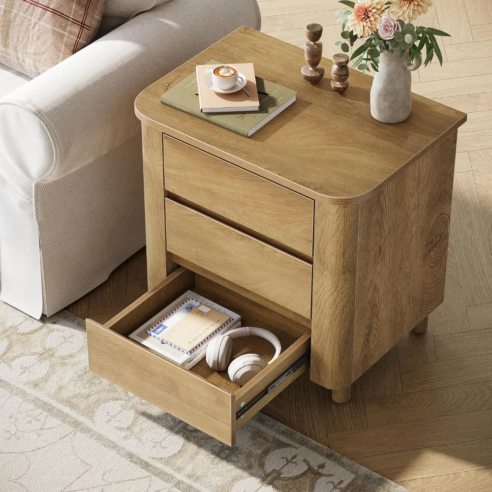 Meja Samping dengan 3 Laci untuk Ruang Tamu, Meja Ujung Sofa Gaya Farmhouse, Cokelat Rustik