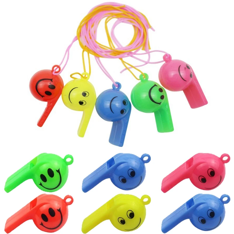Silbato de cara sonriente colorido de plástico con cuerda, atmósfera featival, ruido, juego de fiesta, árbitro, utilería de porristas, 5/10/20 piezas, ZYF