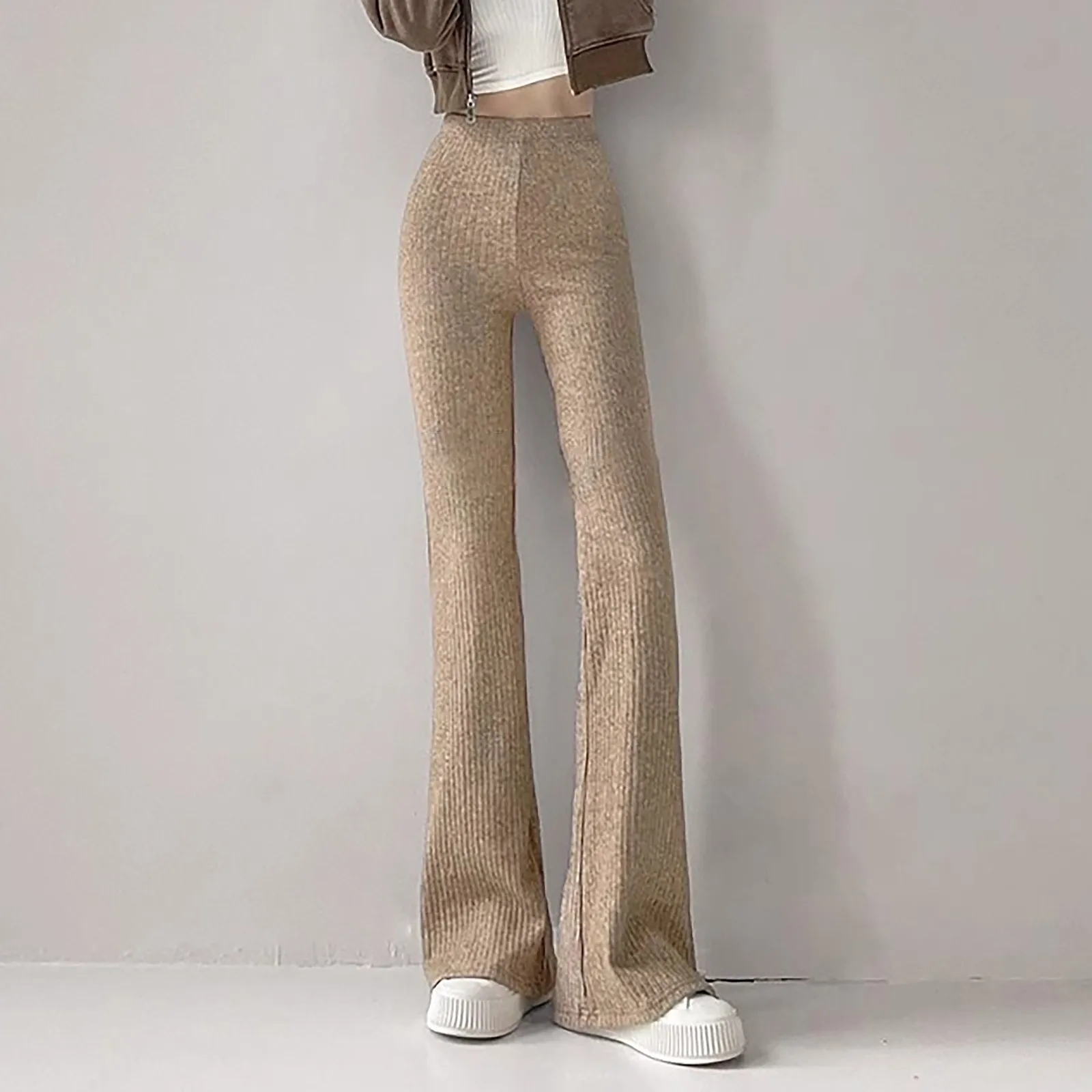 

Women's Solid Woman Pants Slim Fitting High Waisted Streetwear Casual Flare Pants Women Clothes Full Length Capris Trousers