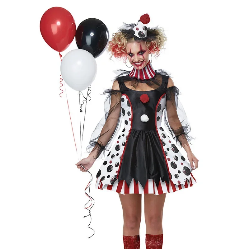 Women's carnival costume, terrible evil circus clown costume, broken voodoo doll, cosplay dress, dream evening dress