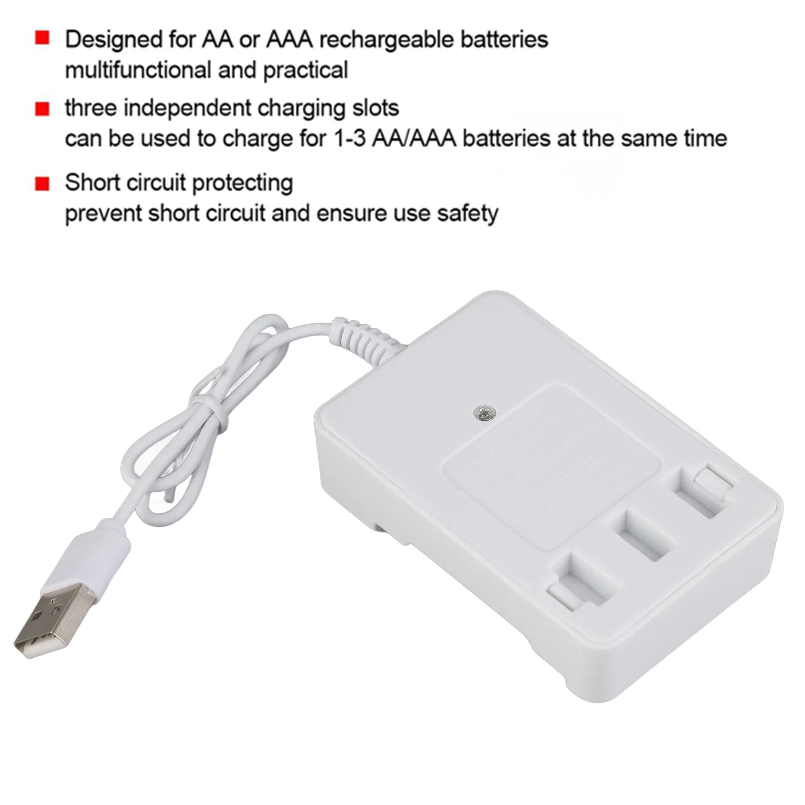 Carregador portátil ABS 5V com três slots para bateria recarregável AA AAA com plugue USB