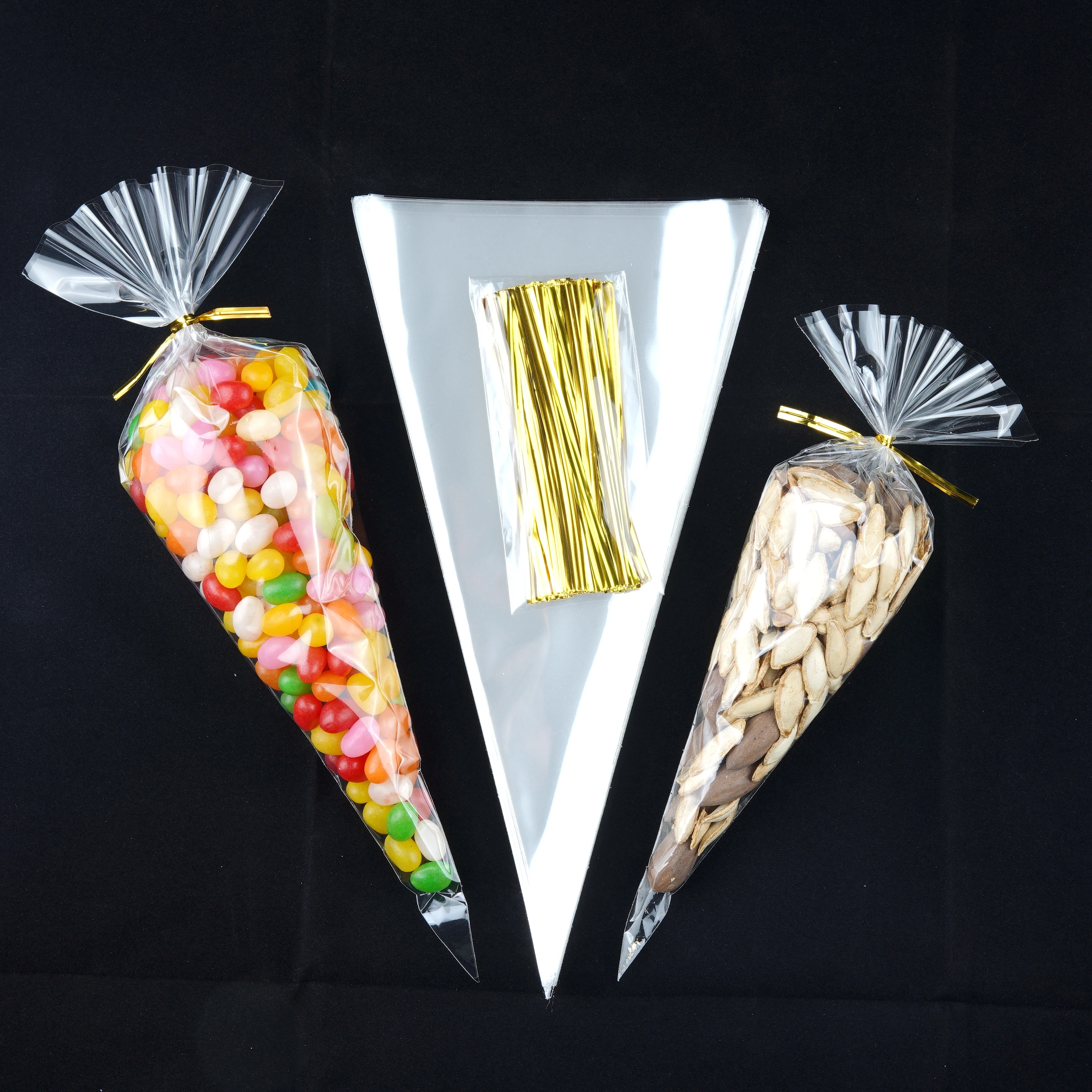 50Pcs DIY Candy Bag Wedding Favors Birthday Party Decoration Sweet Cellophane Transparent Cone Storage With Organza Pouches