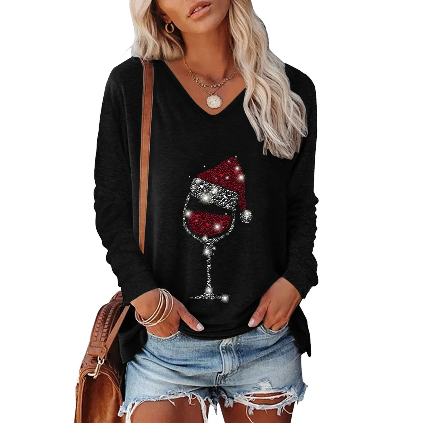 

Women Christmas T Shirt Pullover Tshirt V Neck Christmas Hat Wine Glasses Print Long Sleeve Top Casual Female Tops Fashion 2023