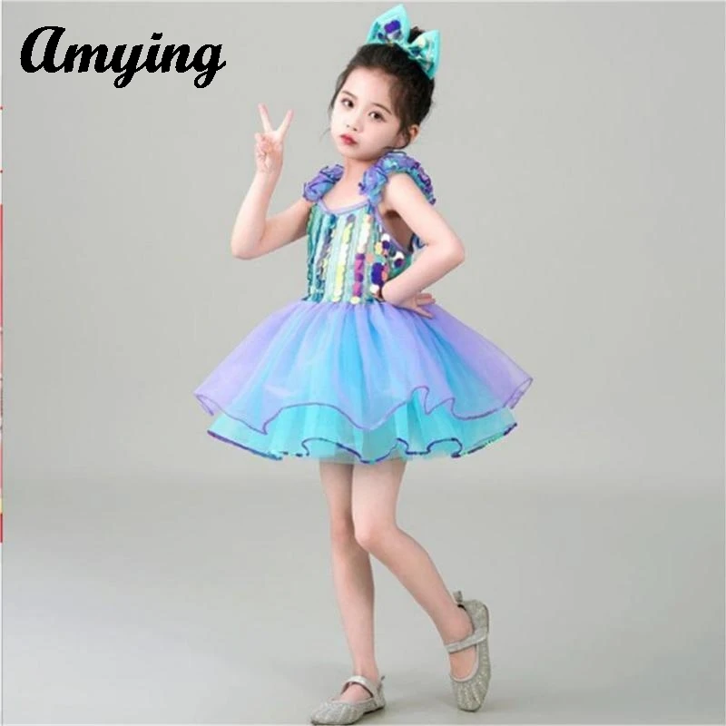 Children's Sequin Performance Clothing Chorus Performance Clothing Cute Girl Fluffy Gauze Skirt Birthday party Princess Dress