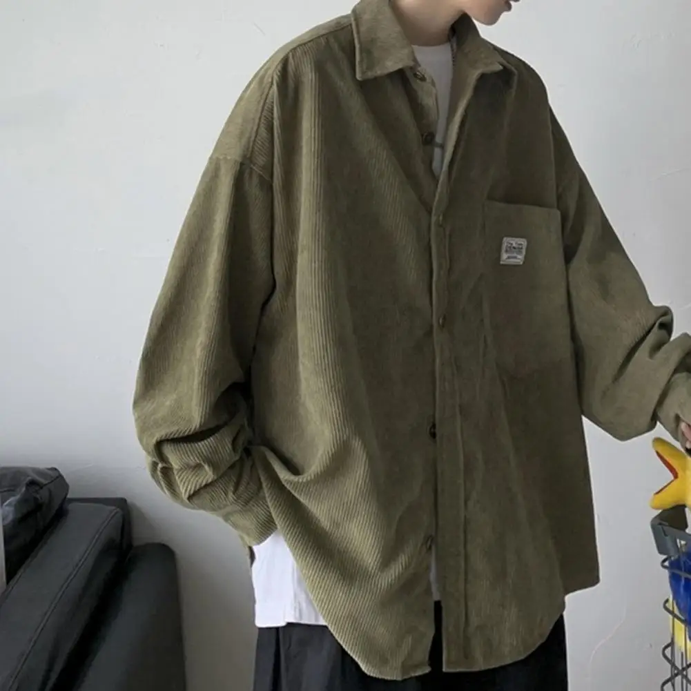 Spring Shirt Single-breasted Placket Casual Warm Corduroy Patch Pocket Men Tops Men Tops for Work