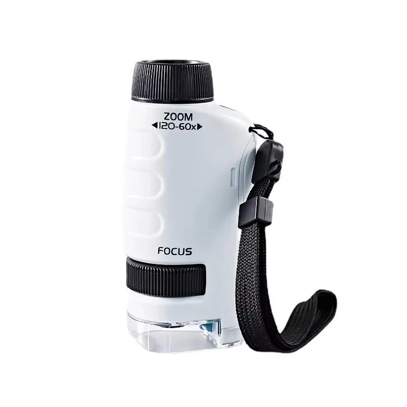 กล้องจุลทรรศน์พกพาขนาดเล็ก 60-120 เท่า ชุดของเล่นวิทยาศาสตร์สำหรับเด็ก กล้องจุลทรรศน์แบบมือถือพร้อมไฟ LED ของเล่นเสริมพัฒนาการสำหรับเด็กเล่นกลางแจ้ง