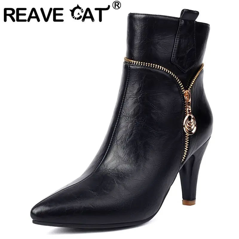 REAVE CAT 성숙한 여성용 앵클 부츠, 포인티드 토, 얇은 힐, 8.5cm 45 46 47 장식, 패션 데일리 보타