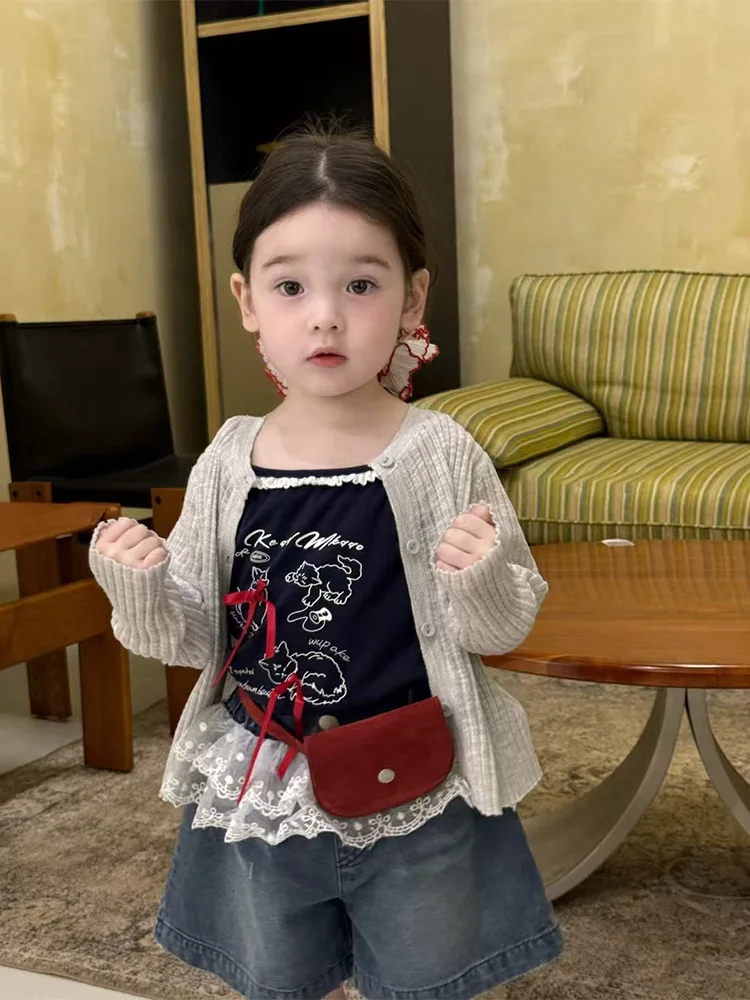 

2025Summer New Cartoon Print Bowknot Top Knitted Cardigan Versatile Shorts Three-Piece Set