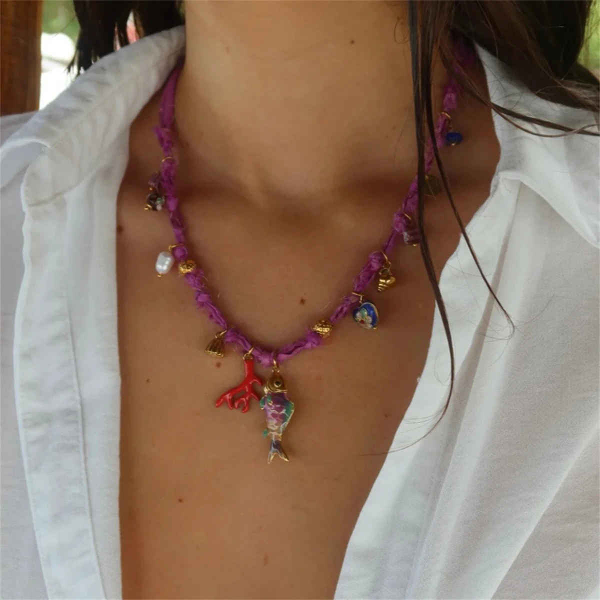 Beach Vacation Dopamine Necklace Coral Pearl Little Fish DIY Necklace Women Gold Plated Color Preserved - Image 2