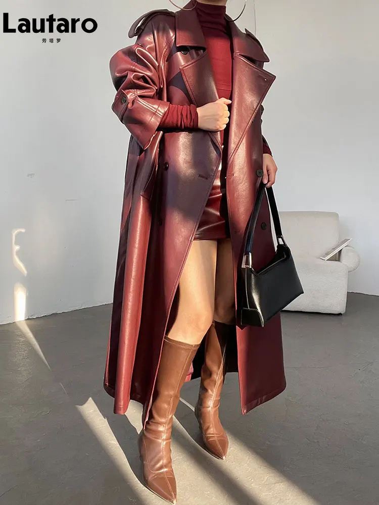 

Lautaro Spring Autumn Extra Long Waterproof Oversized Pu Leather Trench Coat for Women Belt Luxury Designer Clothes Overcoat
