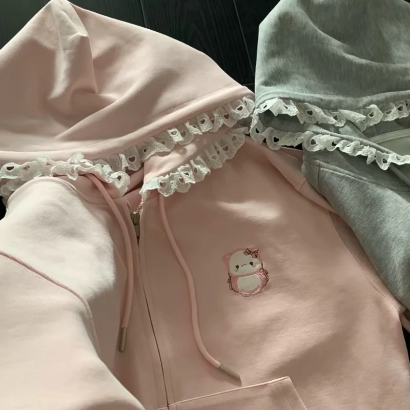 Sweats à capuche brodés de dessin animé japonais pour femmes, patchwork de dentelle esthétique, grunge combiné, fermeture éclair PVD, Y2k