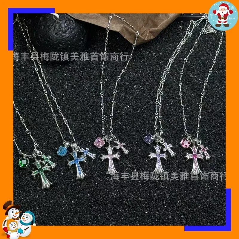 New Kejia Double Cross Sugar Cube Pendant Silver Necklace Pink Purple Diamond Niche Sweater Chain Temperament Sweater Chain Simple B