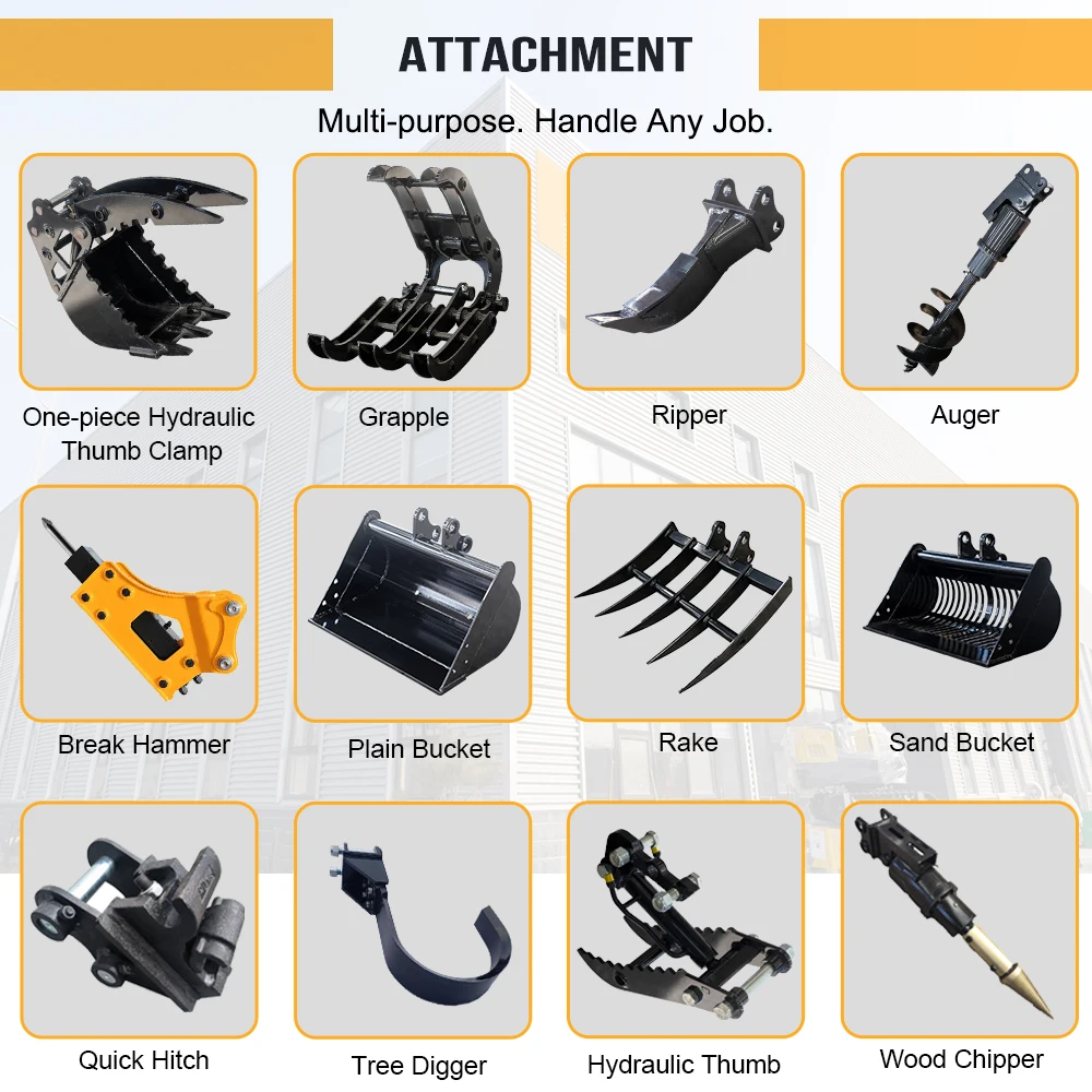 Excavator Attachments Augers Hydraulic Thumb Flat Buckets Quick Hitch Ripper Rake Breaker Hammers, etc for 0.8T 1T 1.5T Digger