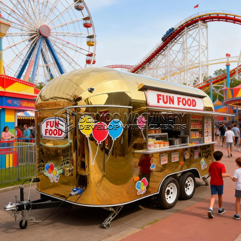 Belyoo Food Truck Mobile Kitchen Concession Cart for Pizza Ice Cream Hot Dog Burger Fast Food Fully Equipped Food Trailer