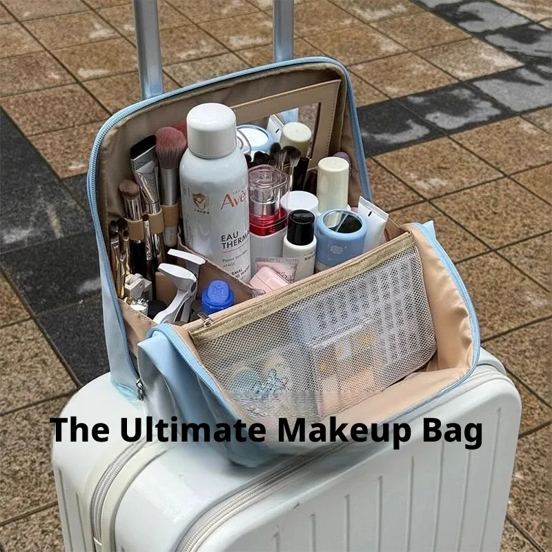 Large-capacity multifunctional partitioned portable makeup bag with mirror and stand-up feature for travel and toiletry sto