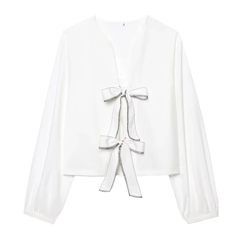 HXAO Top da donna corto a farfalla con cravatta a righe Top bianco Camicie a maniche lunghe ritagliate Estate 2025 Elegante graziosa camicetta 088