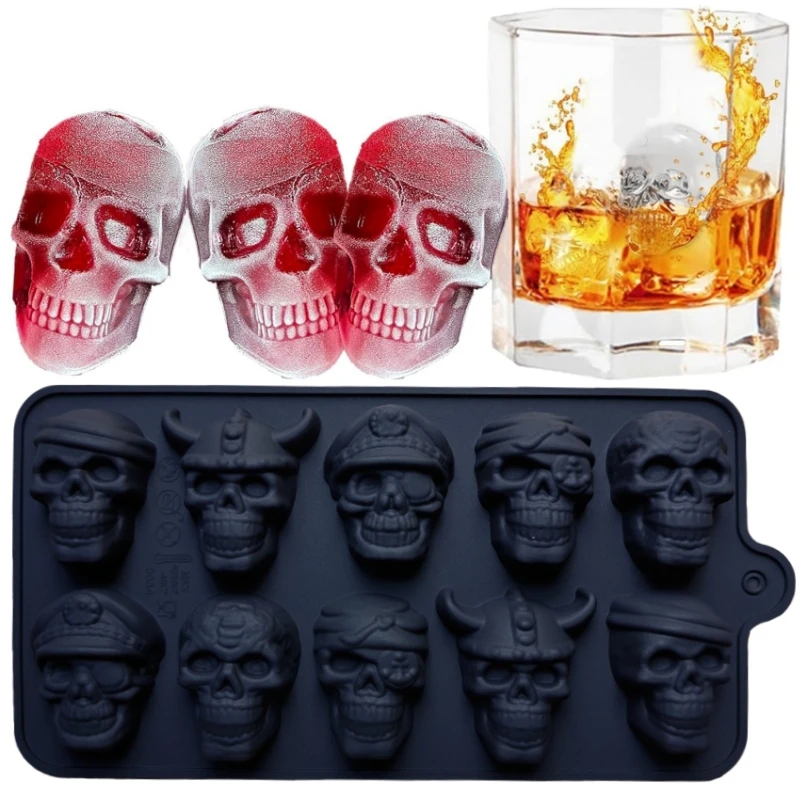 Molde para cubitos de hielo con calavera de 10 rejillas para Halloween, herramientas de cocina para hornear, molde DIY de silicona reutilizable para molde de helado de caramelo y Chocolate