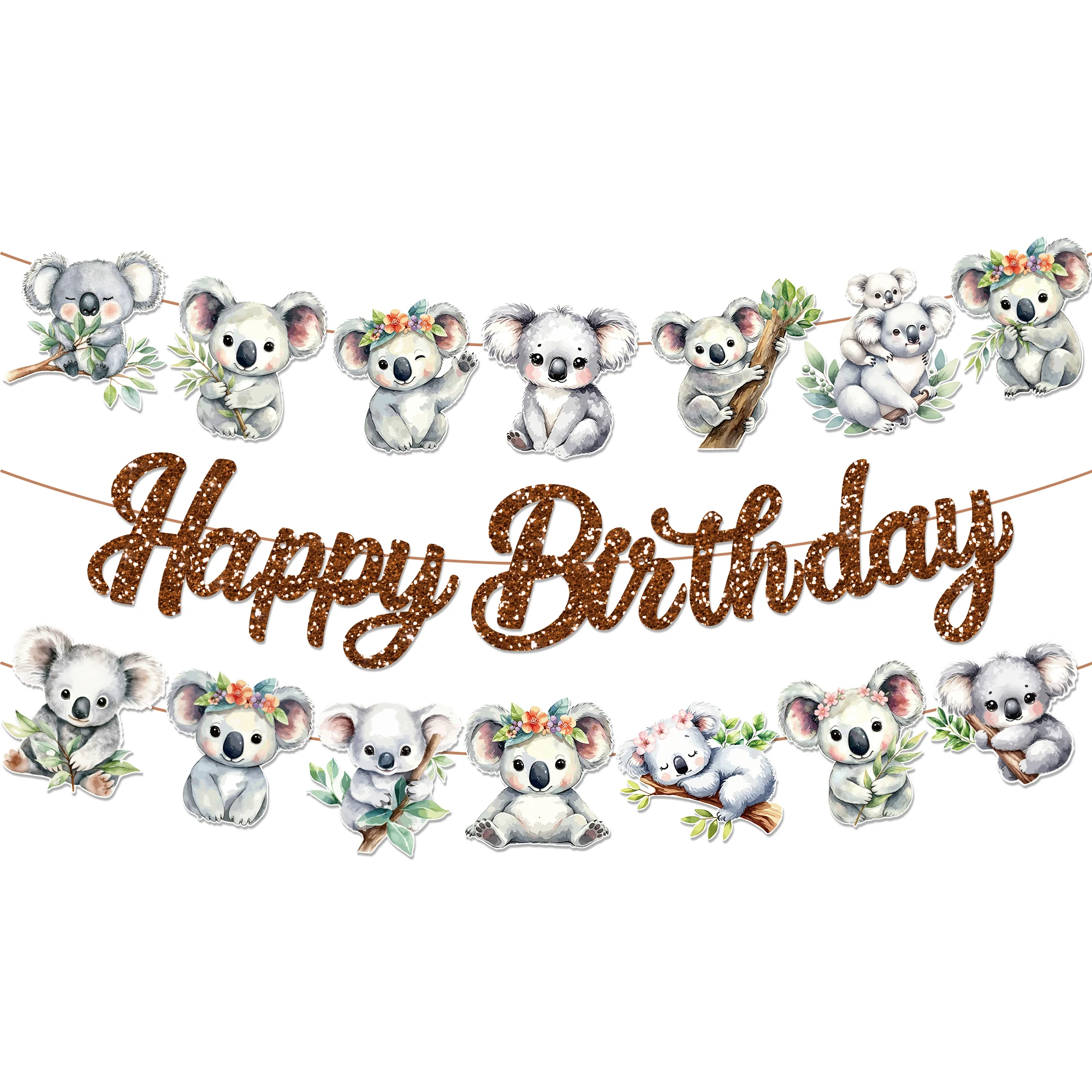 19 Stück niedliches Koala-Geburtstagsbanner, Wandbehang, Wimpelkette für Geburtstagsdekoration, Babyparty-Partyzubehör