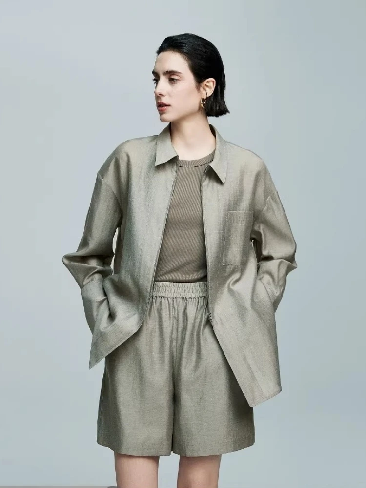 

Lyocell acetate Double-zipped shirt female Spring/Summer 2025 Flax Loose style Sun-protective shirt