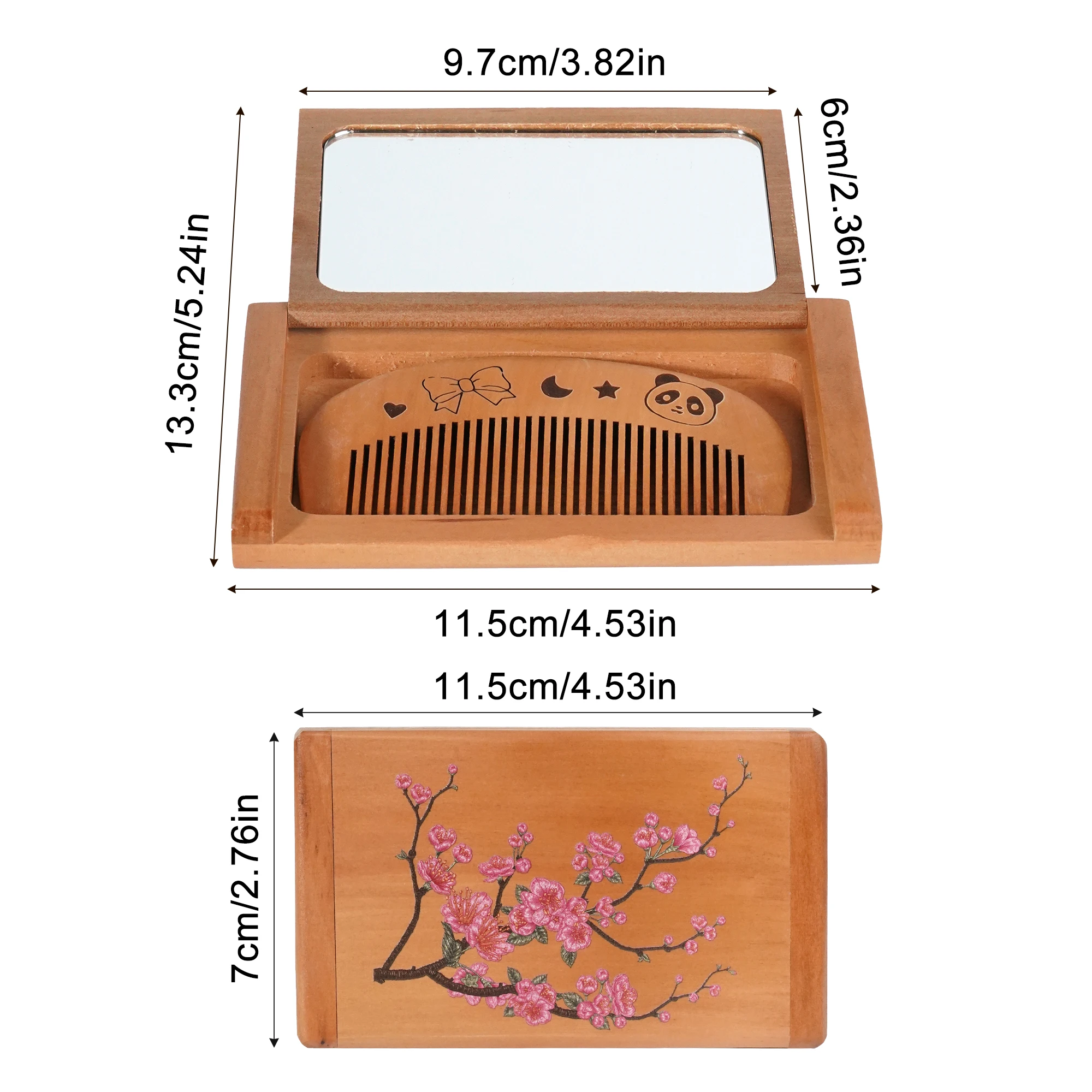 1pc Portable 2 in 1 Folding Comb Mirror Set Peachwood & Rosewood Folding Hair Comb Women Accessories