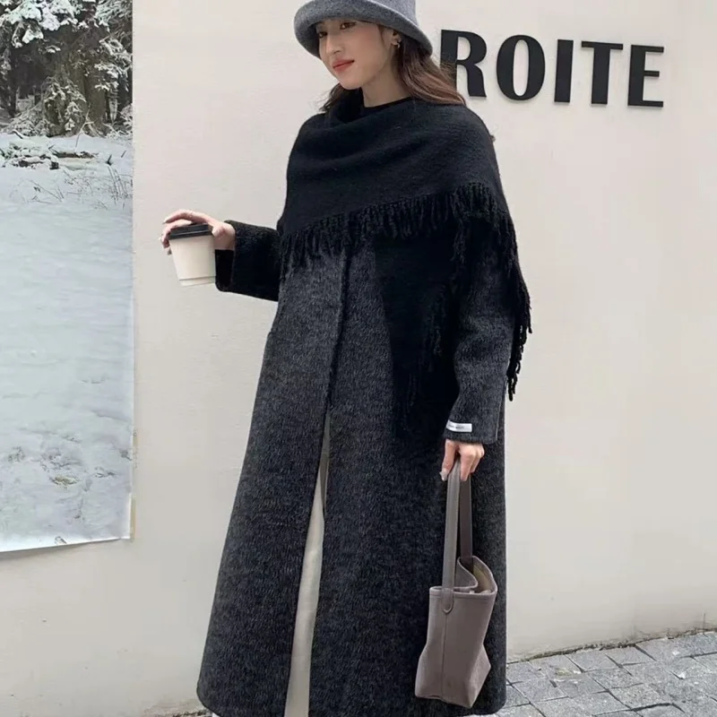 Shawl scarf, thickened double-sided wool coat, women's autumn and winter new item, knee length woolen coat