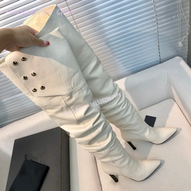 

White Thigh Leather Pants Boots Black Stiletto Pointed Pleated Loose British Style Versatile Casual Women Catwalk Brand Shoes