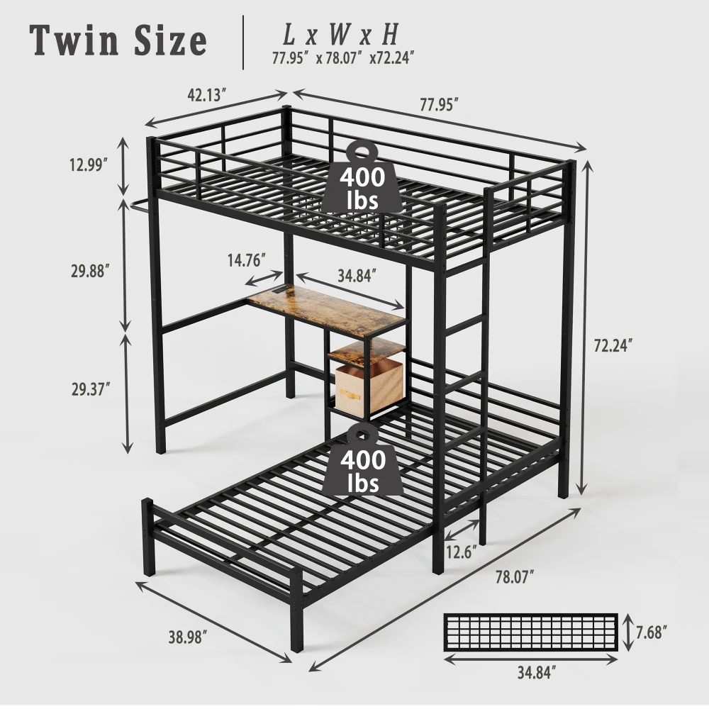 Bunk Bed Twin Over Twin Size with Desk Station L-Shaped Metal Bunk Bed Storage Shelves Drawers Loft Beds with Safety Guardrail view 2