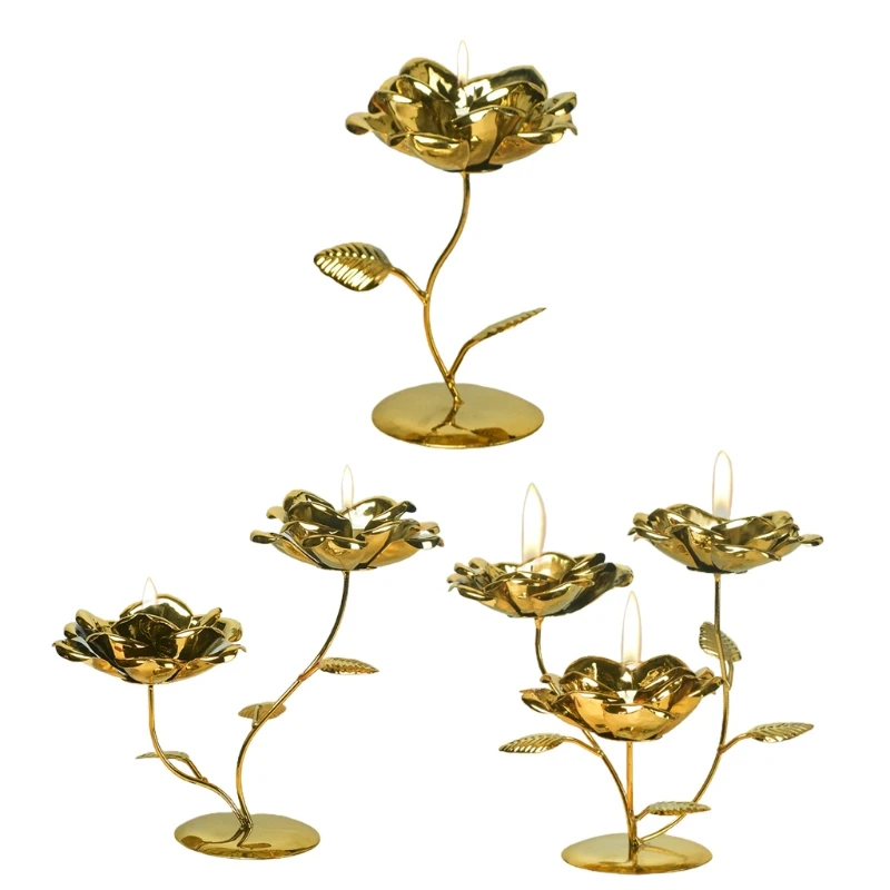 

Nordic Plated Metal Rose Holder Stands Iron Art Lotus Flower Shaped Decorative Tealight Candlestick Romantic Party