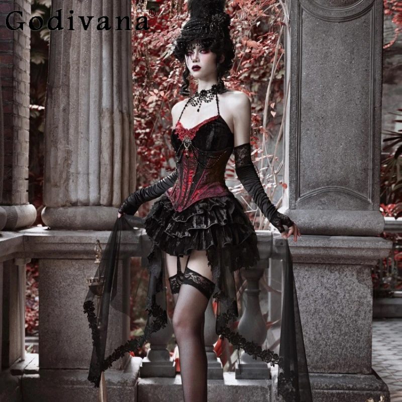 

Women Girls Cosplay Suspender Vest Skirt 3 Piece Set Gothic Halloween Velvet Fishbone Girdle Suspender Skirt Lady Party Suits