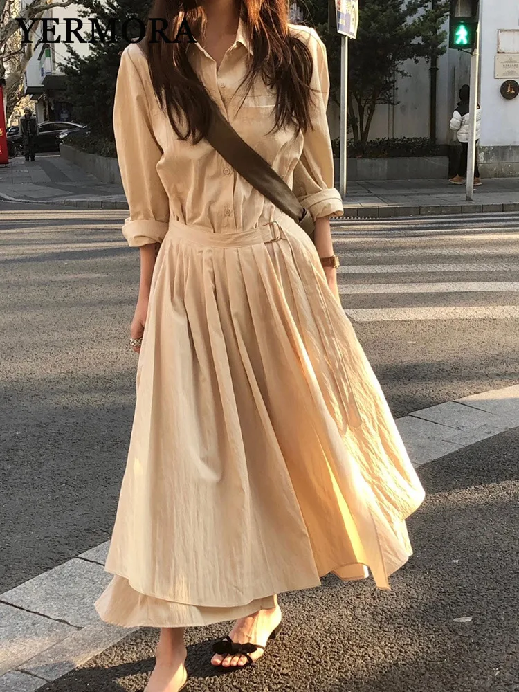 

YERMORA Women Khaki Pleated Fake Two Pieces Shirt Dress Lapel Long Sleeve Loose Fit Fashion Tide Spring Summer 2025 New