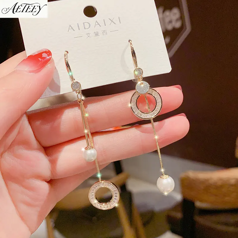 Women Asymmetric Circle Pearl Tassel Earrings Super Fairy Elegant High-end All-match Dangle Jewelry